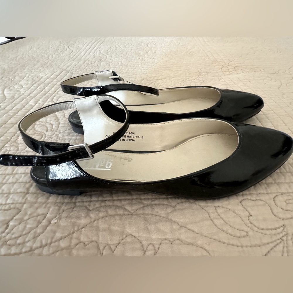 EUC Black Patent Pointy Toe Flats with Ankle Strap